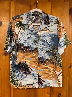 Tropical Palm Print Short-Sleeve Shirt - Blue & Tan